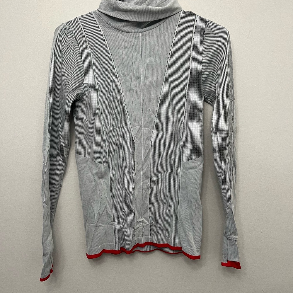 Striped Turtleneck Long Sleeve Top with Red Trim